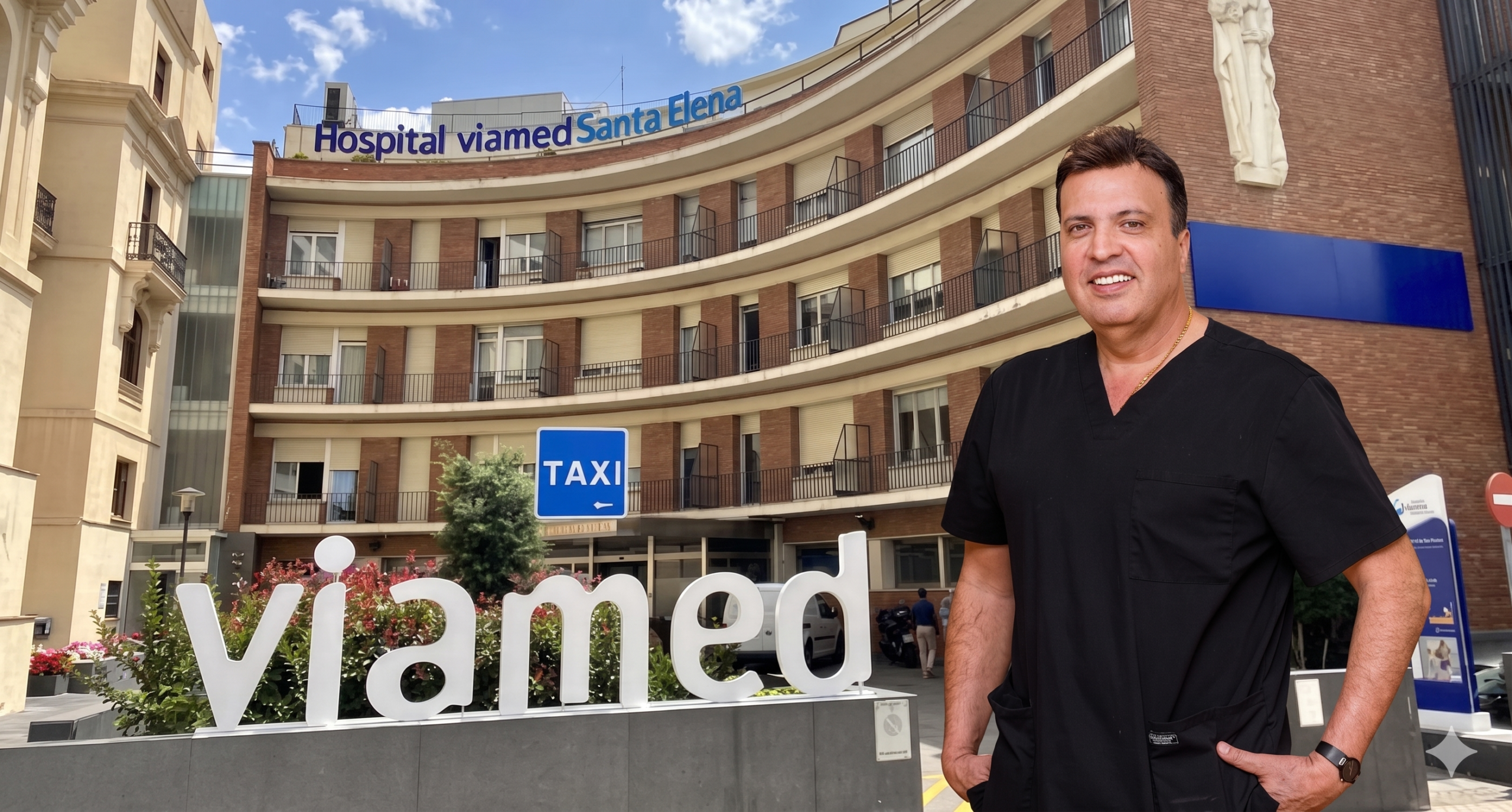 Dr. Carlos Arango frente al Hospital Viamed Santa Elena en Madrid donde realiza sus cirugías estéticas